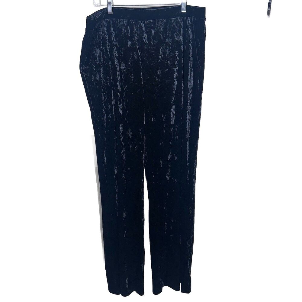 Serra Crushed Velvet Pants Womens L Black Wide‎ Leg High Rise Elastic Waist 207